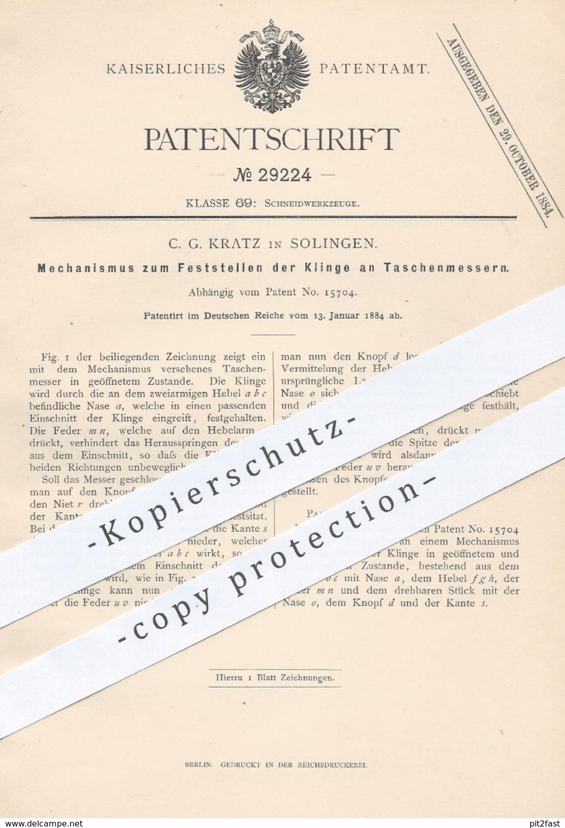 Original Patent - C. G. Kratz , Solingen , 1884 , Feststellen Der Klinge Am Taschenmesser | Messer , Messerklingen !!! - Historical Documents