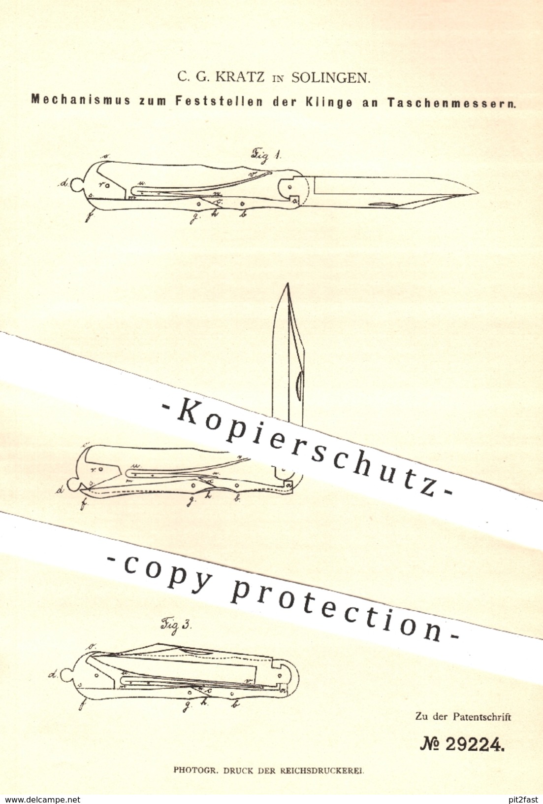 Original Patent - C. G. Kratz , Solingen , 1884 , Feststellen Der Klinge Am Taschenmesser | Messer , Messerklingen !!! - Historical Documents