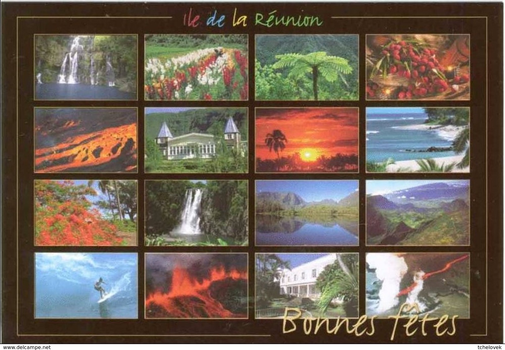 Ile De La Reunion Bonnes Fetes Multivue (16 Vues) Volcan Mer Surf Case Creole...& (5) & Cadre Rouge - Autres & Non Classés