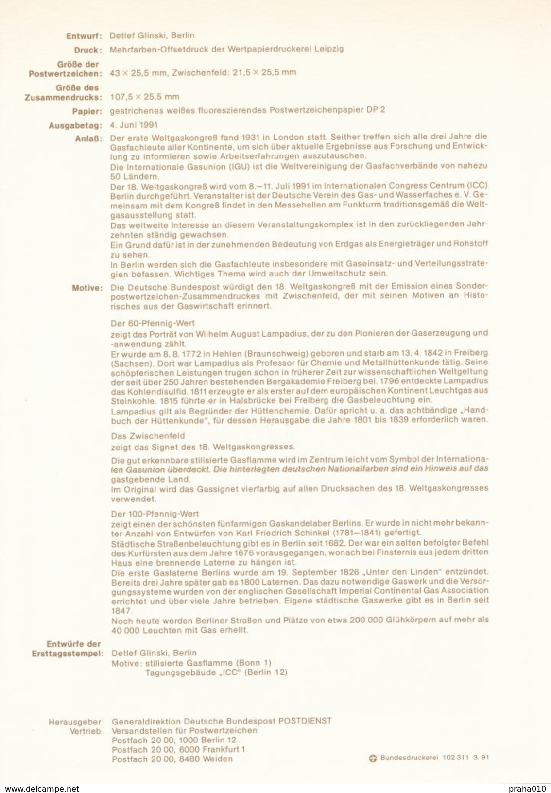 BRD / First Day Sheet (1991/26) 5300 Bonn 1: 18th World Gas Congress In Berlin 1991 - Gaz