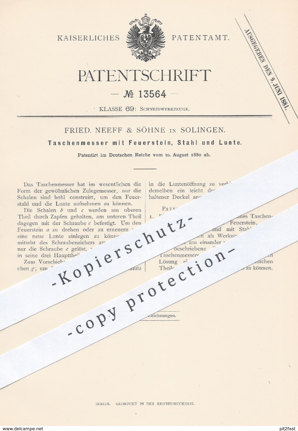 Original Patent - Fried. Neeff & Söhne , Solingen , 1880 , Taschenmesser Mit Feuerstein , Stahl U. Lunte | Messer !!! - Historische Documenten