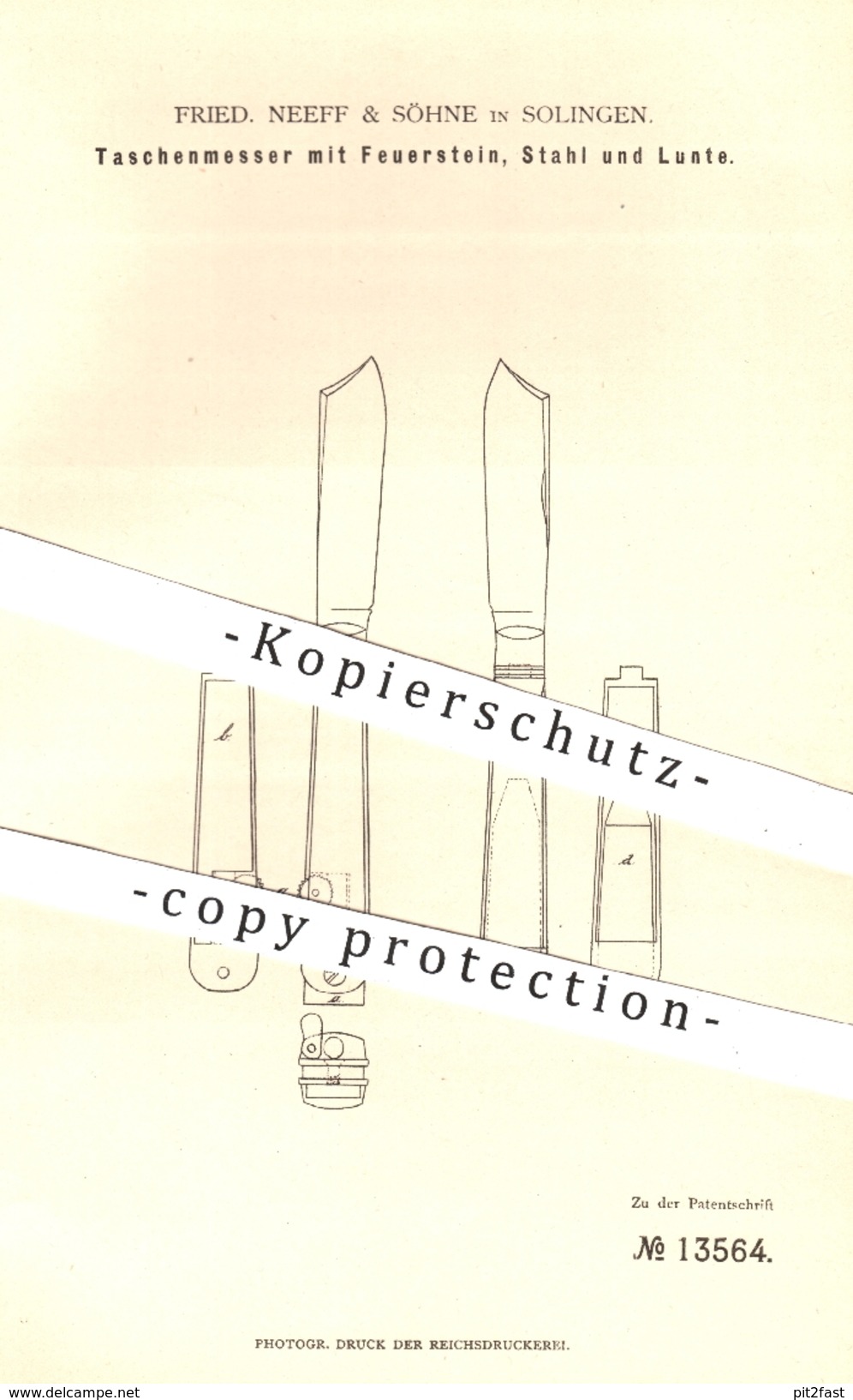 Original Patent - Fried. Neeff & Söhne , Solingen , 1880 , Taschenmesser Mit Feuerstein , Stahl U. Lunte | Messer !!! - Historische Documenten