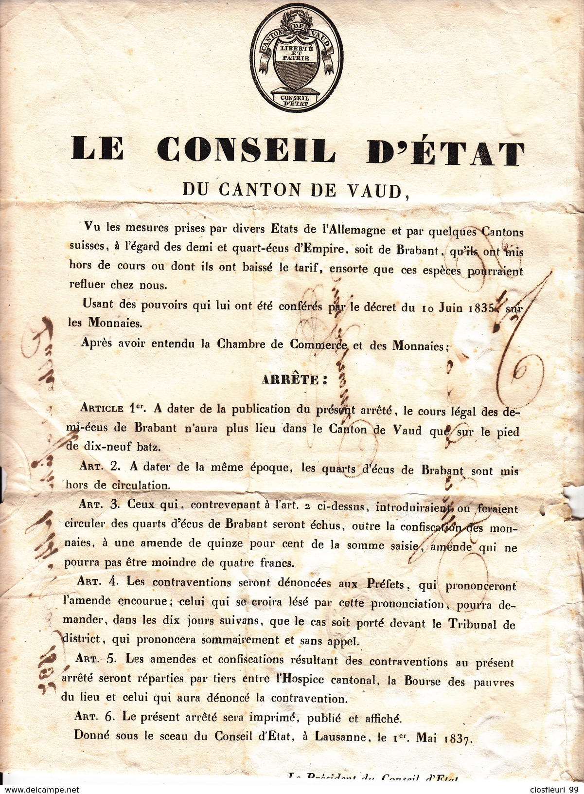 Le Conseil D'Etat Du Canton De Vaud(CH) Affiché 14 Mai 1837 / Au Syndic Commune Ormont Dessous - Affiches