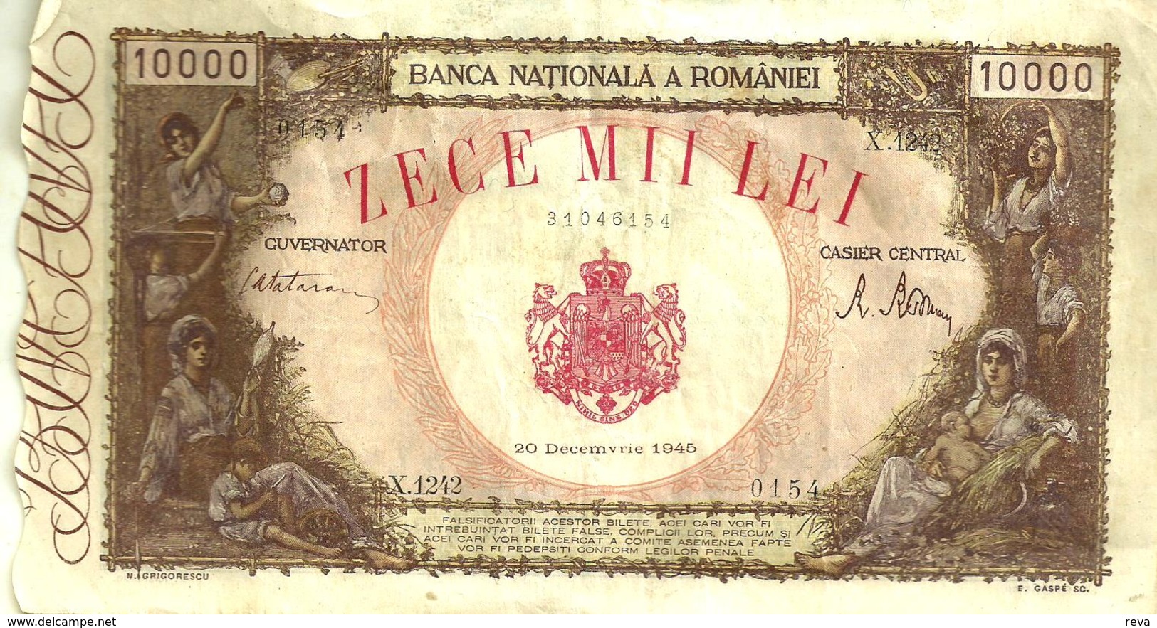 ROMANIA 10.000 LEO BROWN WOMAN FRONT & WOMAN BACK DATED 20-12-1945 P.57 VF READ DESCRIPTION - Romania