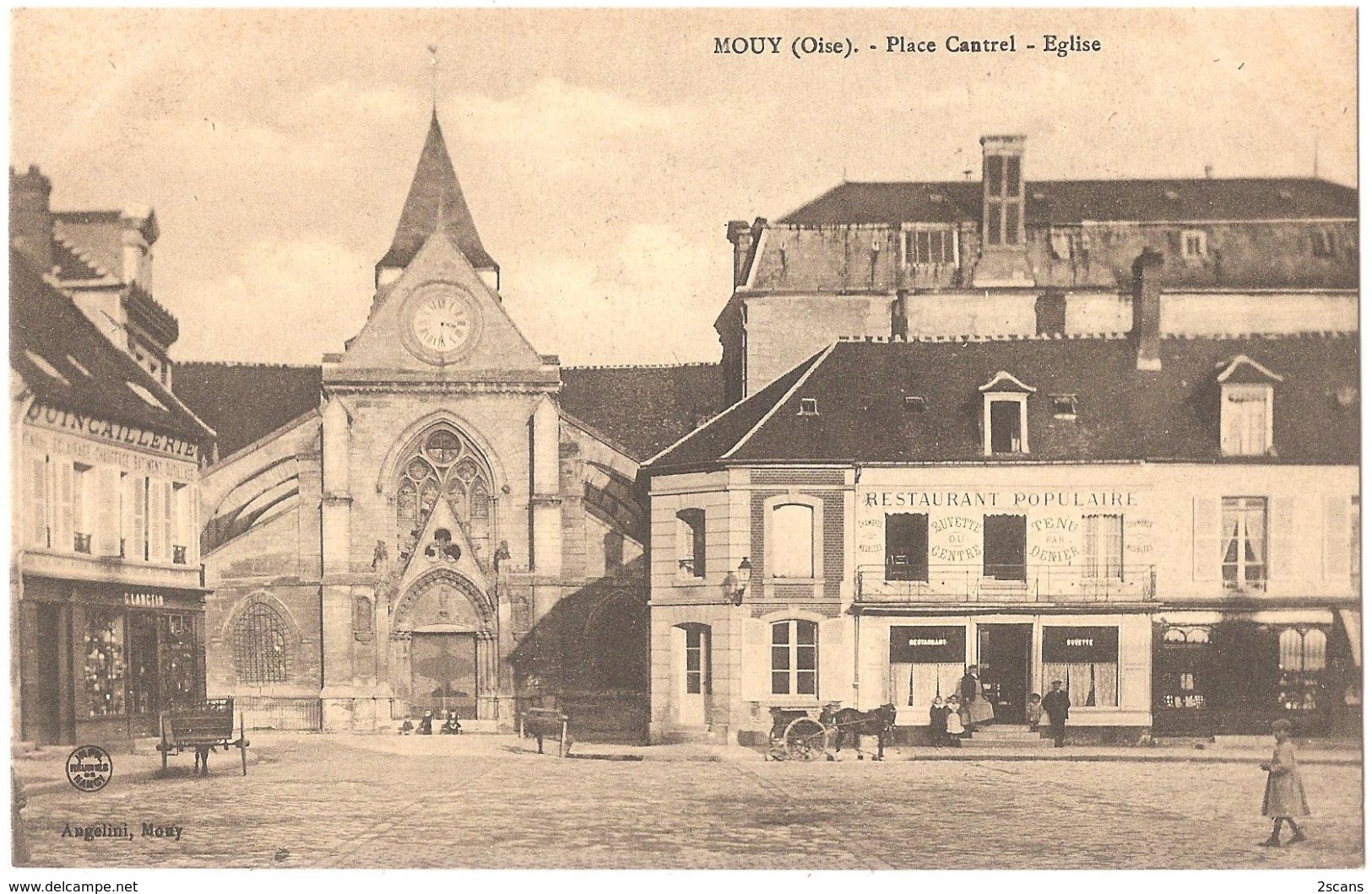 Dépt 60 - MOUY - Place Cantrel - Église - (Quincaillerie G. Lanctin, "Restaurant Populaire" Tenu Par Denier) - Mouy