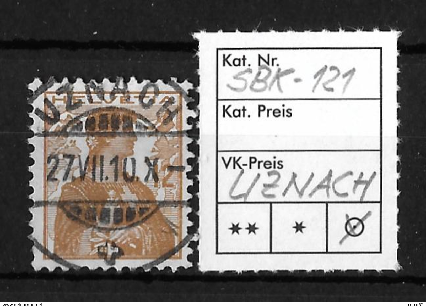 1907 HELVETIA MIT BRUSTBILD &rarr; SBK-121, UZNACH 27.VII.10 - Gebraucht