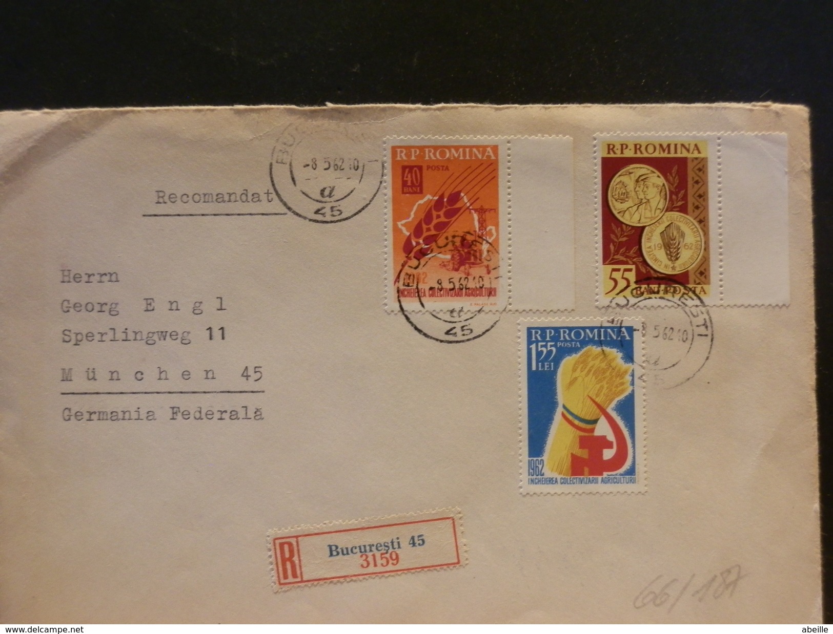 66/187  LETTRE  RECOMM.   ROUMANIE POUR ALLEMAGNE   1962 - Covers & Documents