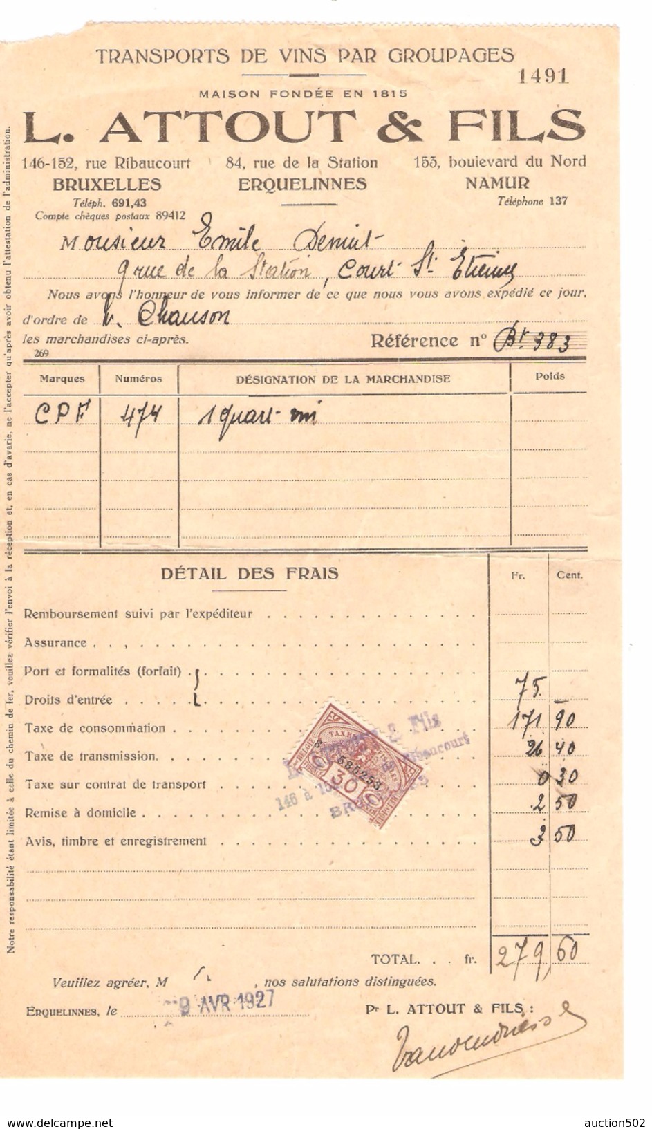 Facture L.Attout & Fils Transports De Vins TP Fiscal De 30c En 1927 PR4498 - Dokumente