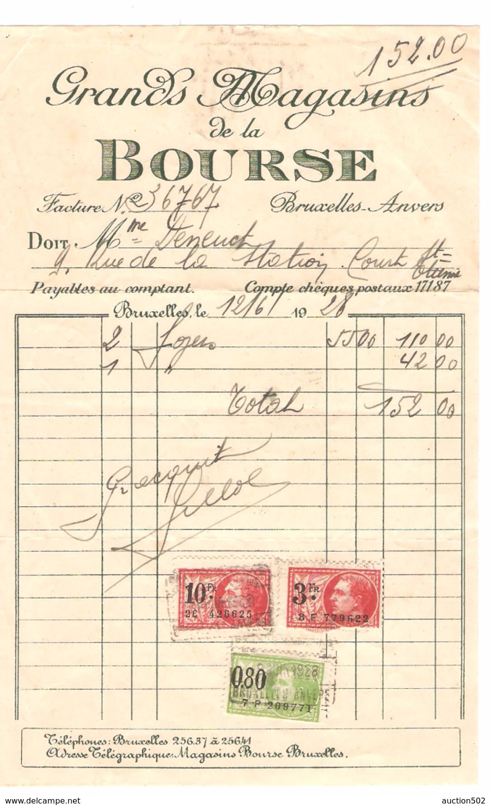 Factures Grands Magasins De La Bourse Bruxelles 1928-1932 TP Fiscaux 13,80 Frs & 25,60 Frs PR4500 - Documents