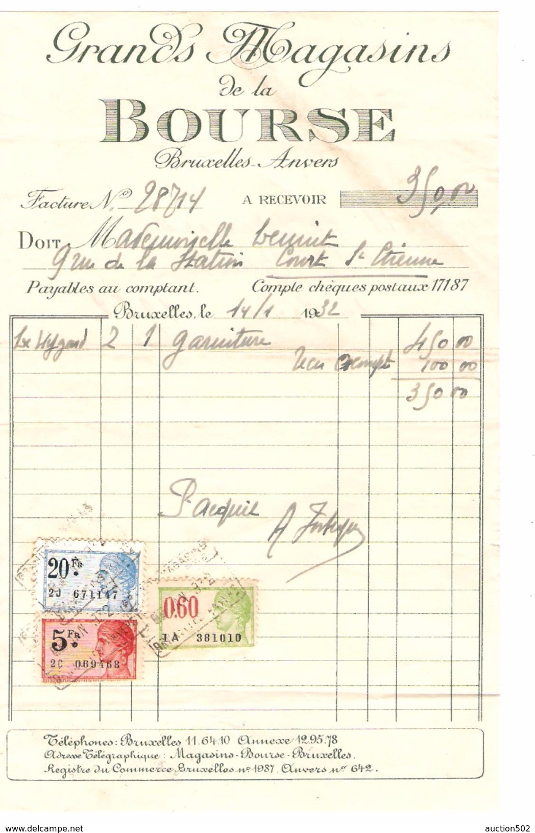 Factures Grands Magasins De La Bourse Bruxelles 1928-1932 TP Fiscaux 13,80 Frs & 25,60 Frs PR4500 - Documenti
