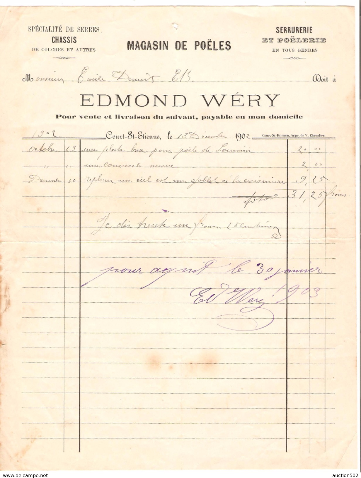 5 Factures Edmond Wéry Magasin De Poëles à Court-Saint-Etienne 1902-1905-1907-1908-1909 PR4502 - 1900 – 1949