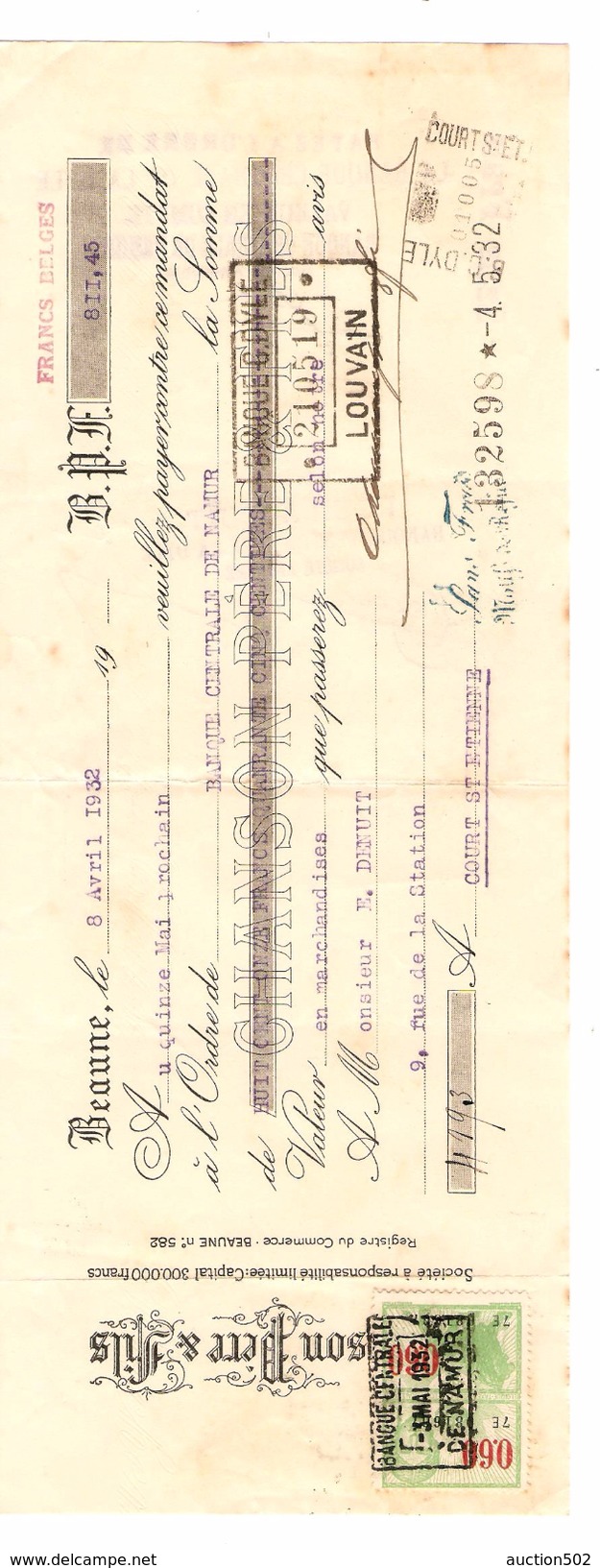 Reçu De 811,45 Frs Rédigé à Beaune En 1932 Par Chanson Père & Fils Pour Court-Saint-Etienne TP Fiscaux 0.60 (2) PR4505 - Documentos