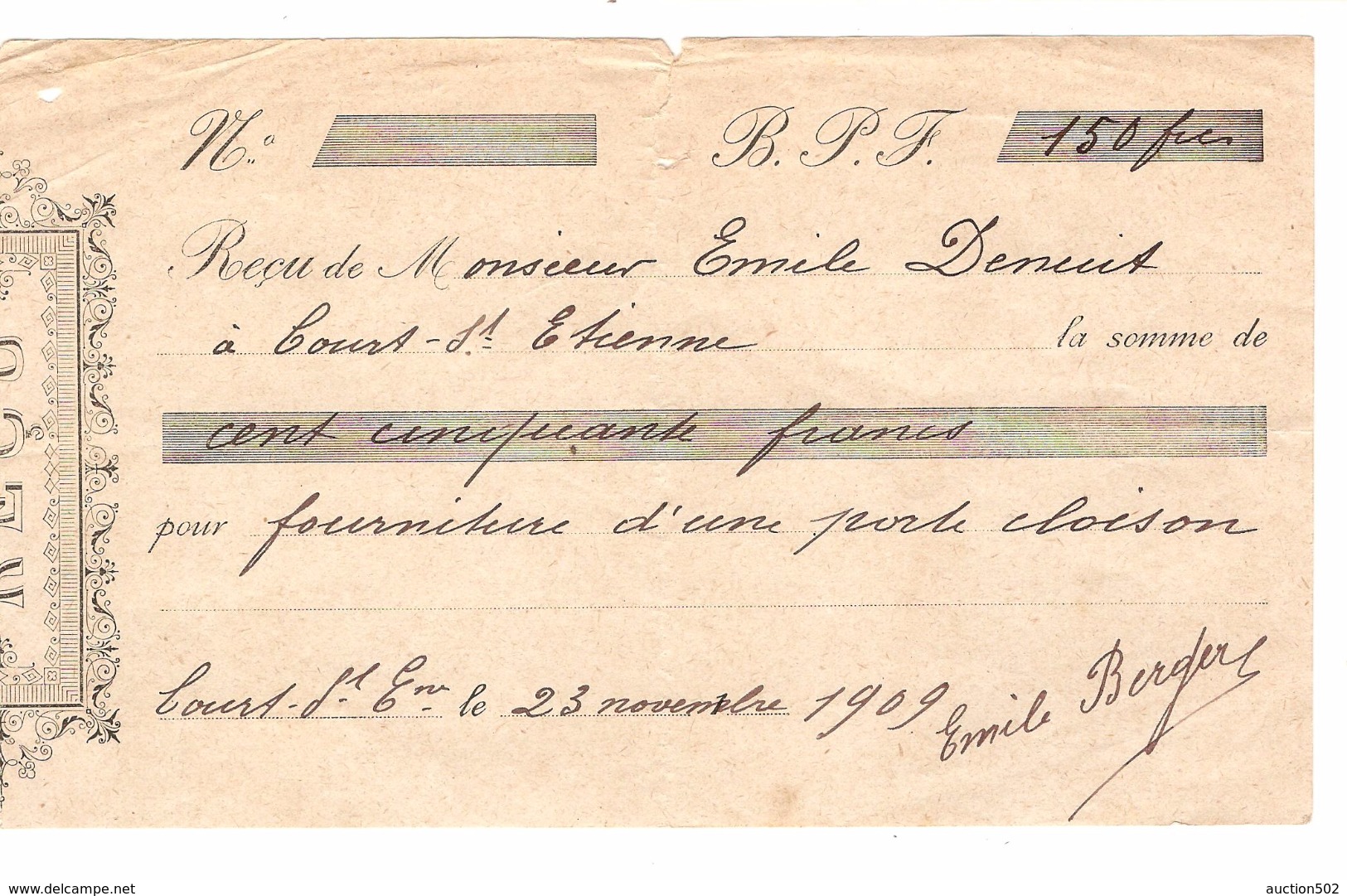 Reçu De 150 Frs Rédigé à Court - Saint - Etienne En 1909 PR4506 - 1900 – 1949