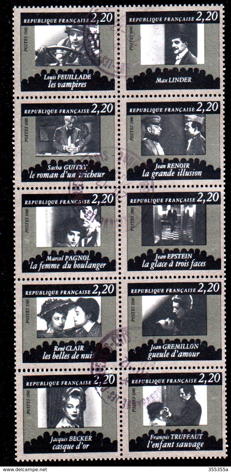 France 1986 Cinema, Actors, 10 Postally Used Se-tenant - Usati