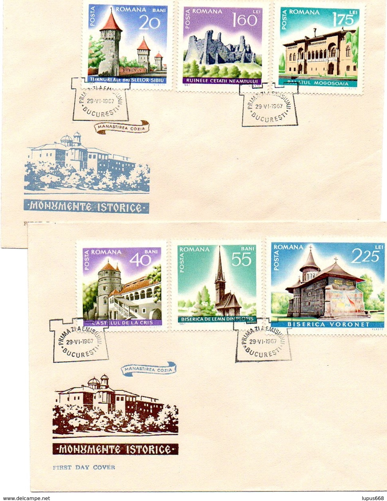 Rumänien  1967   MiNr. 2600/ 2605 2 FDC  ; Internationales Jahr Des Tourismus: Historische Bauwerke - FDC