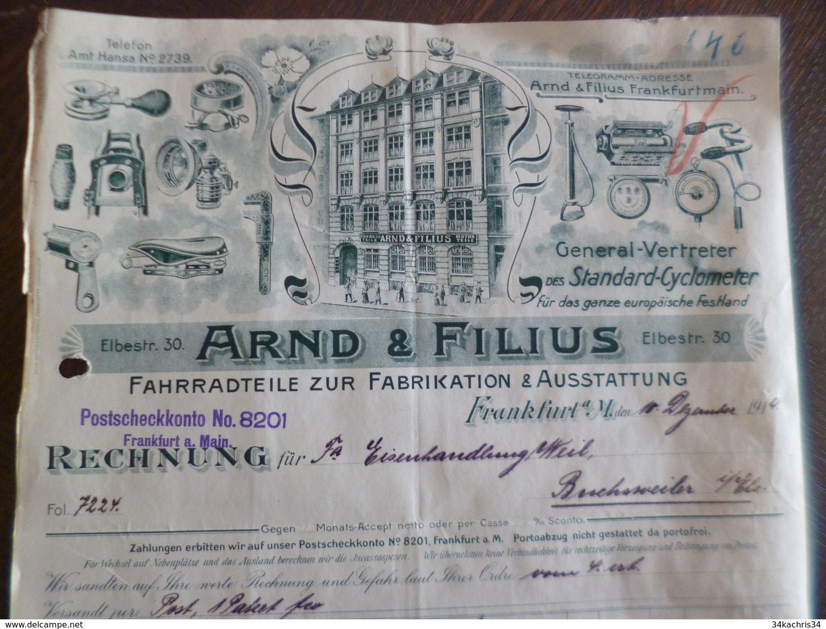 Facture Illustrée Strasbourg  Bas Rhin Arnd Und Filius Fabrication Outils Vélo Photo En Allemand 1914 - Andere & Zonder Classificatie