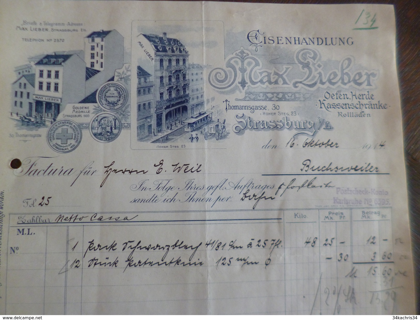 Facture Illustrée Strasbourg  Bas Rhin Max Lieber Eisenhandlung  En Allemand 1914 - Other & Unclassified