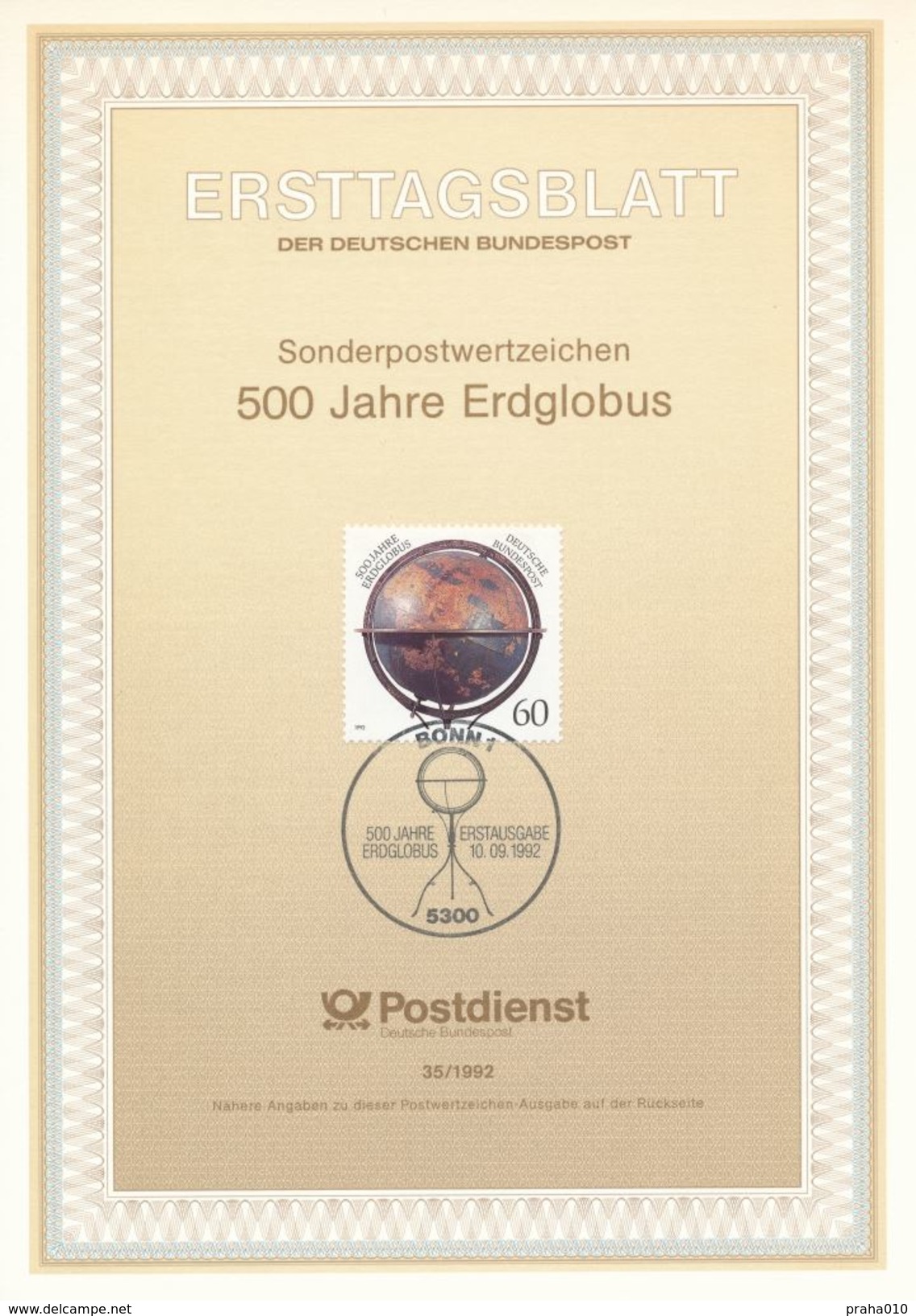 BRD / First Day Sheet (1992/35) 5300 Bonn 1: 500 Years Earth Globe - Geographie