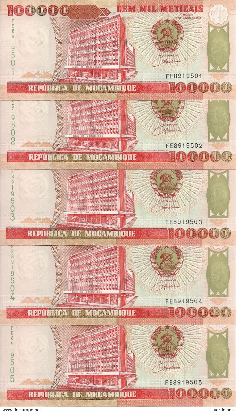 MOZAMBIQUE 100000 METICAIS 1993 UNC P 139 ( 5 Billets ) - Mozambique