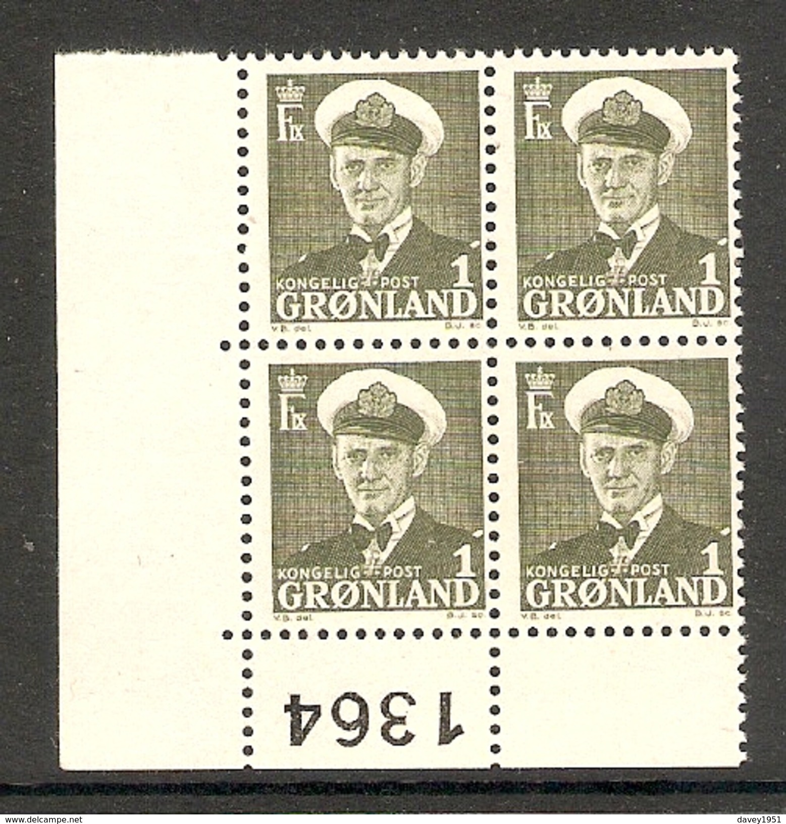 001190 Greenland 1950 1o Plate 1364 Block MNH - Blocchi