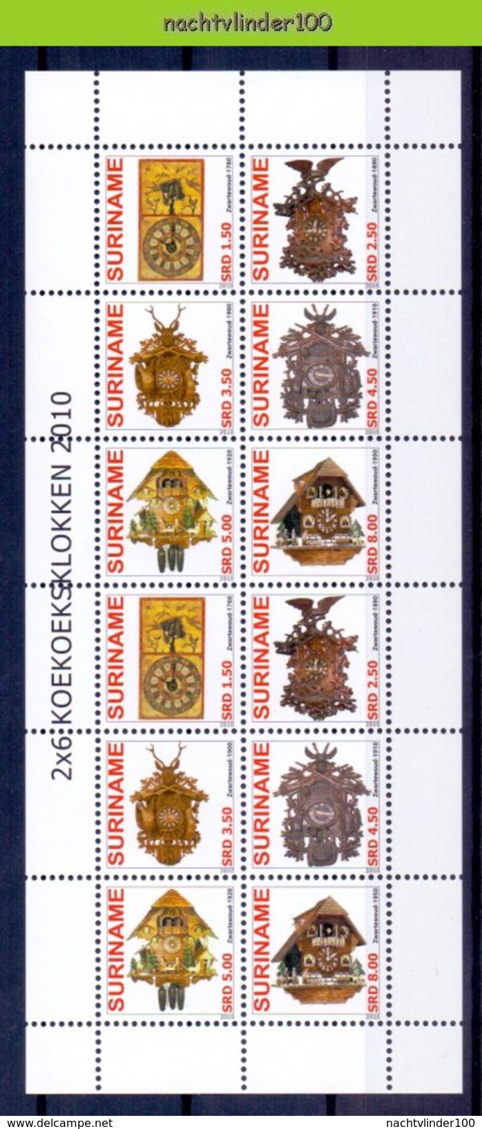 Ndr1698Vb KOEKOEKSKLOKKEN VOGELS HERT CUCKOO CLOCKWORKS DEER BIRDS Schwarzwälder Kuckucksuhren SURINAME 2010 PF/MNH - Orologeria