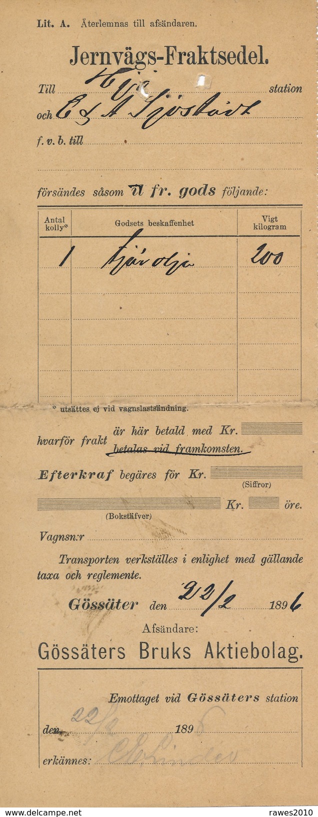 Schweden Gössäter 1896 Eisenbahn Jernvägs - Fraktsedel Frachtbrief - Eisenbahnverkehr