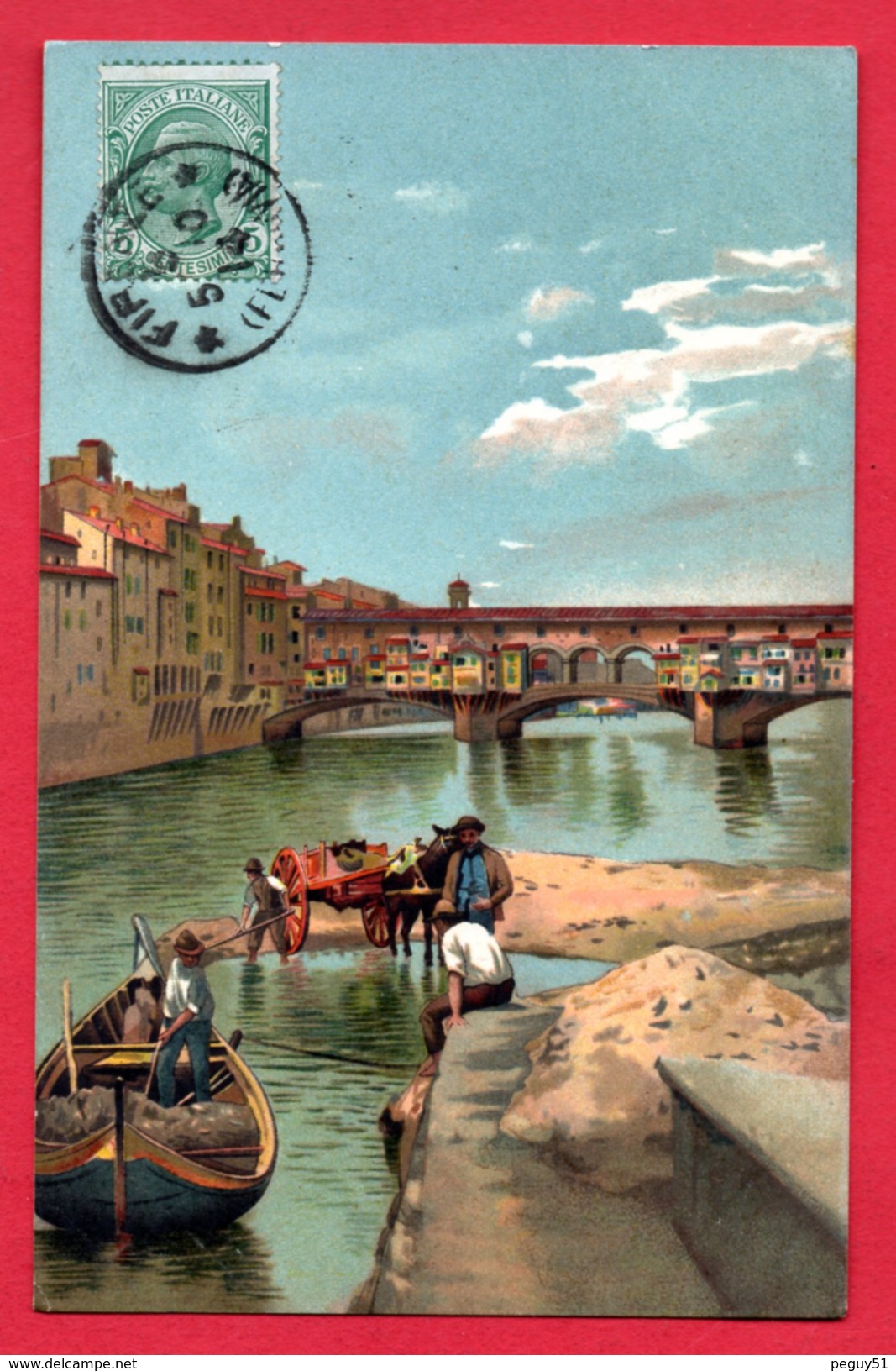 Firenze. Operai Con Barca E Carro. Lavori Sulla Riva Dell'Arno Vicino Al Ponte Vecchio . 1914 - Firenze