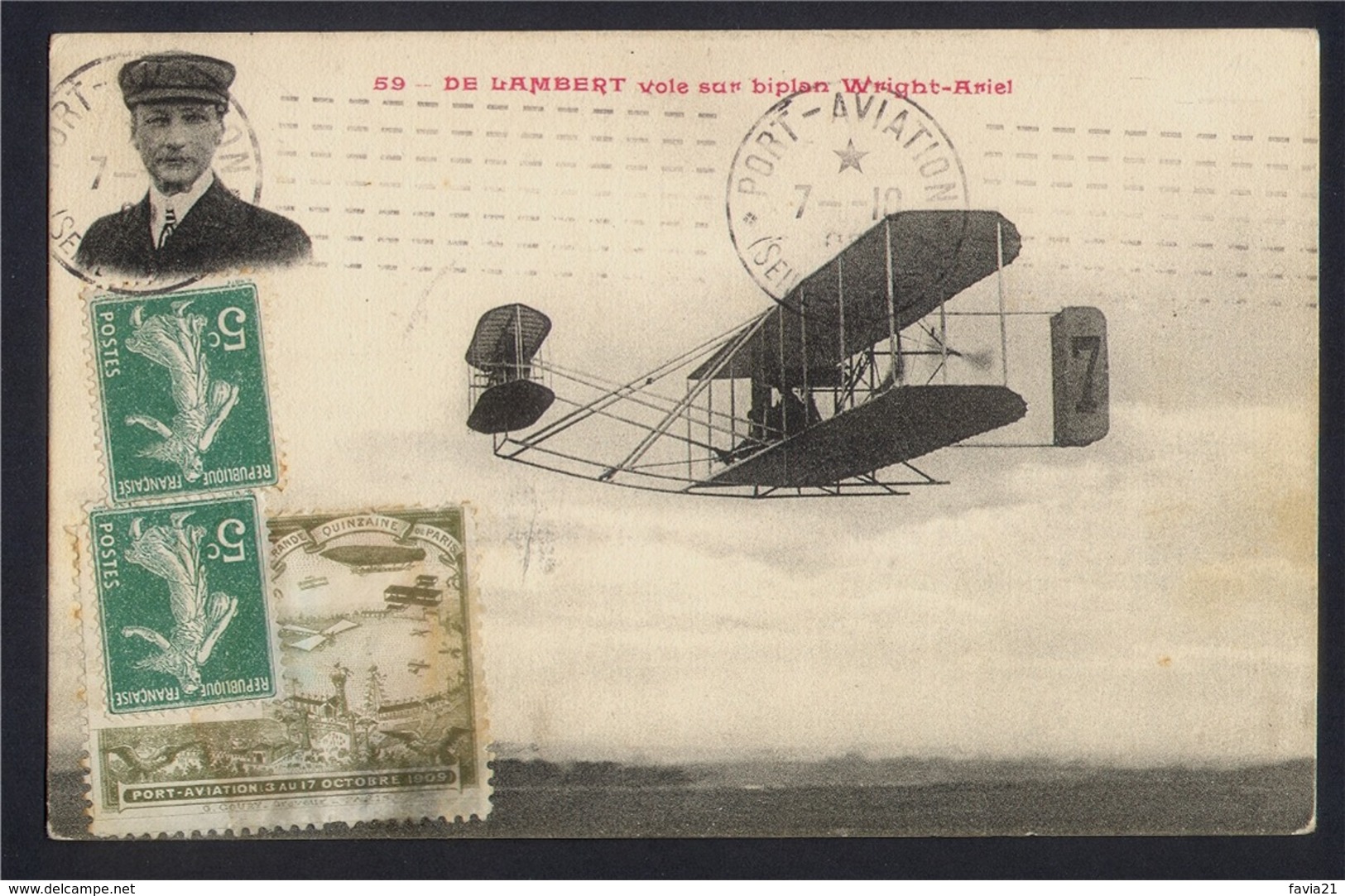 CPA AVIATION -  Meeting PORT- AVIATION 1909 - DE LAMBERT Vole Sur Biplan Wright-Ariel - Vignette-porte Timbre - Aviateurs