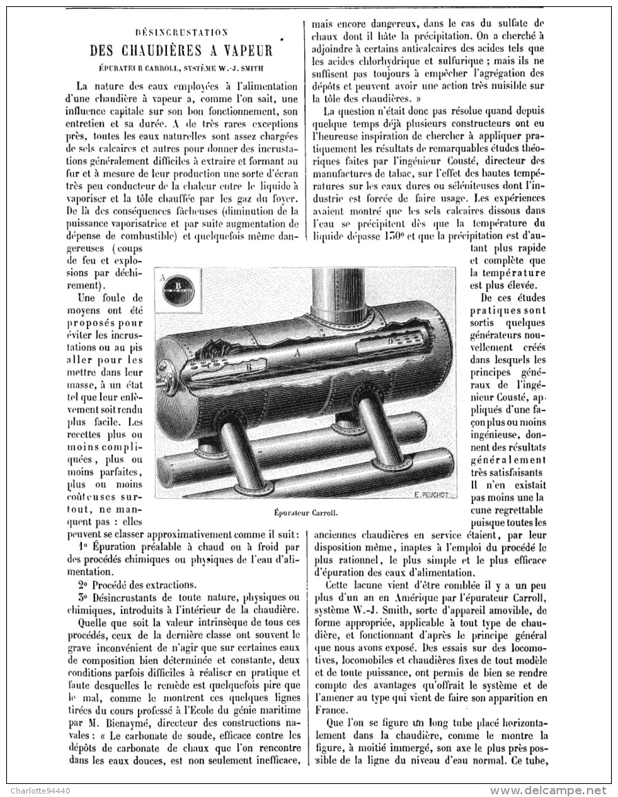 DESINCRUSTATION DES CHAUDIERES à VAPEUR Epurateur CARROLL , Systéme  W. J. SMITH  1888 - Autres & Non Classés