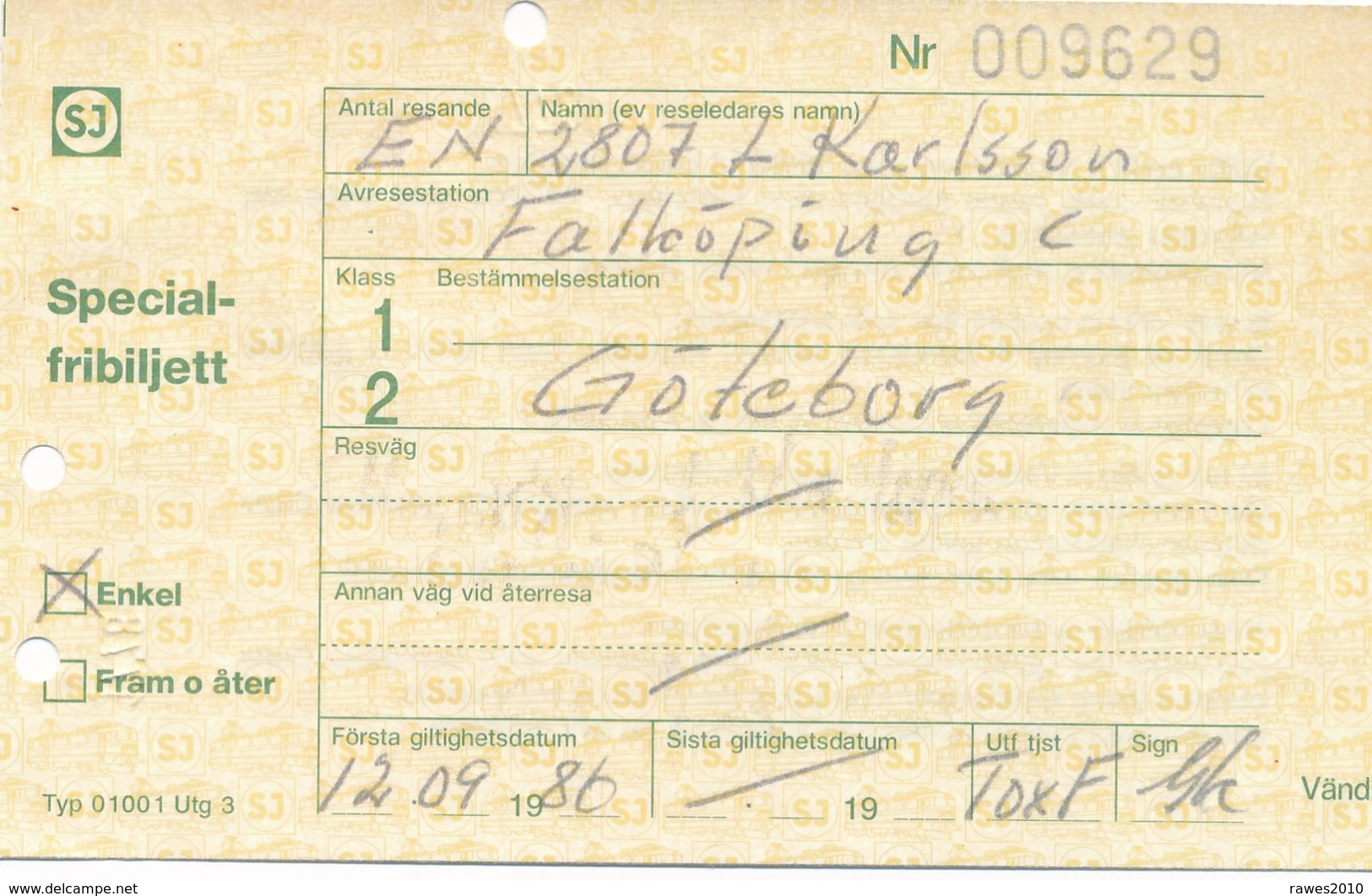 Schweden Göteborg 1986 Eisenbahn Spezialfreibillett 2. Klasse Enkel Lokomotive - Ferrocarril