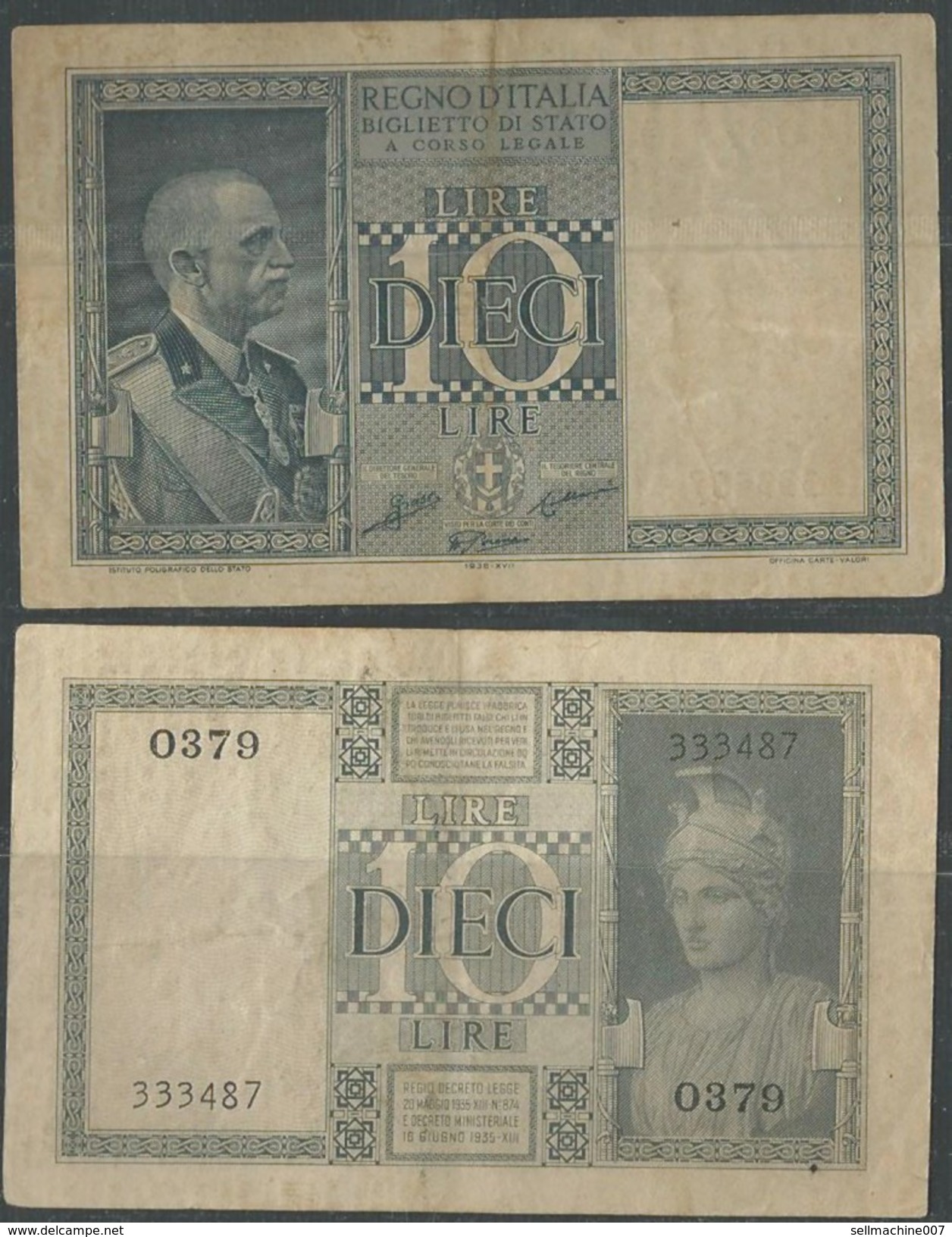 Italy Kingdom 10 Lire 1935 Banknote P-25a Banknote - Dieci Lira Regno D' Italia Biglietto Di Stato - Italia – 10 Lire