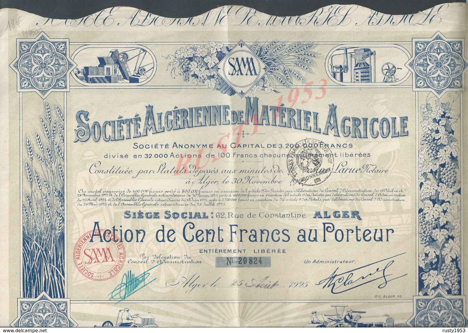 ACTION DE 1925 SOCIÉTE ALGÉRIENNE DE MATÉRIEL AGRICOLE À ALGER : - Agriculture