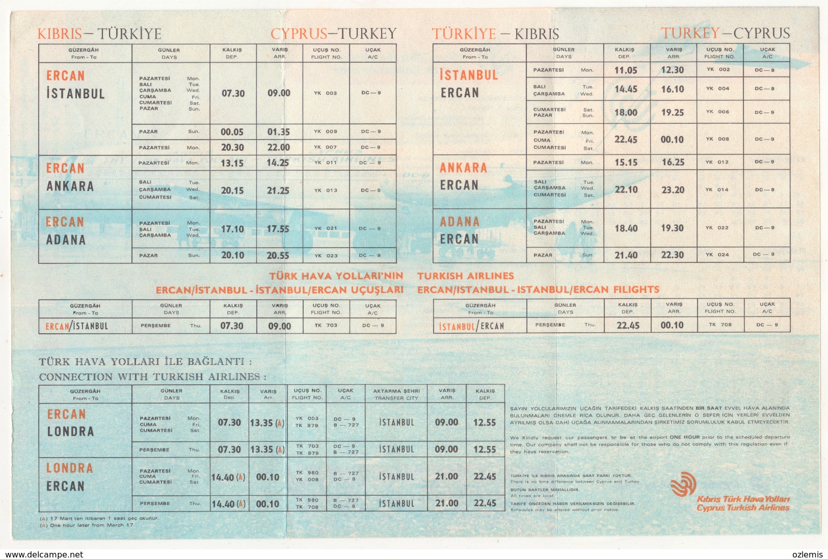 CYPRUS TURQUIE,TURKEI TURKEY CYPRUS TURKISH AIRLINES 1979-1980 WINTER TIMETABLE - Tijdstabellen