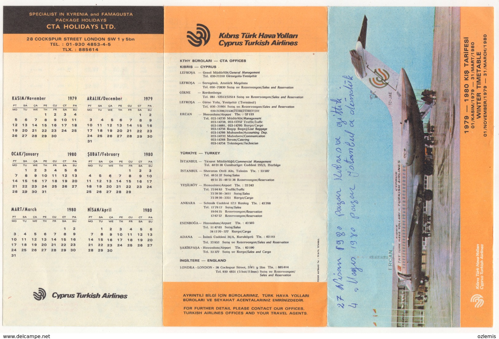 CYPRUS TURQUIE,TURKEI TURKEY CYPRUS TURKISH AIRLINES 1979-1980 WINTER TIMETABLE - Timetables