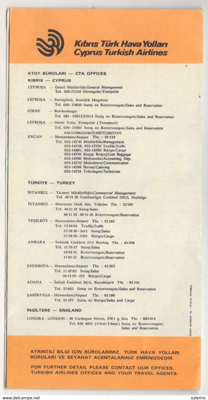 CYPRUS TURQUIE,TURKEI TURKEY CYPRUS TURKISH AIRLINES 1979-1980 WINTER TIMETABLE - Zeitpläne