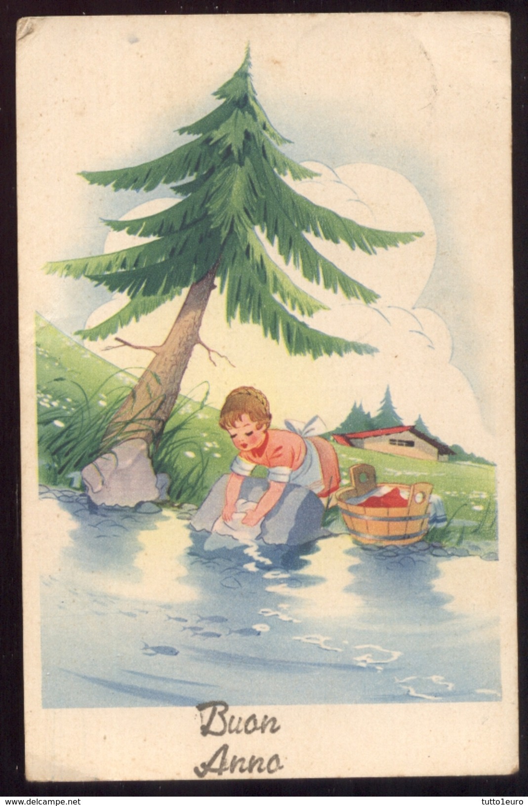 BUON ANNO (9) - BAMBINI -  CHILDREN - KINDER - ENFANTS - VIAGGIATA NEL 1942 BAMBINA LAVANDAIA - Scènes & Paysages