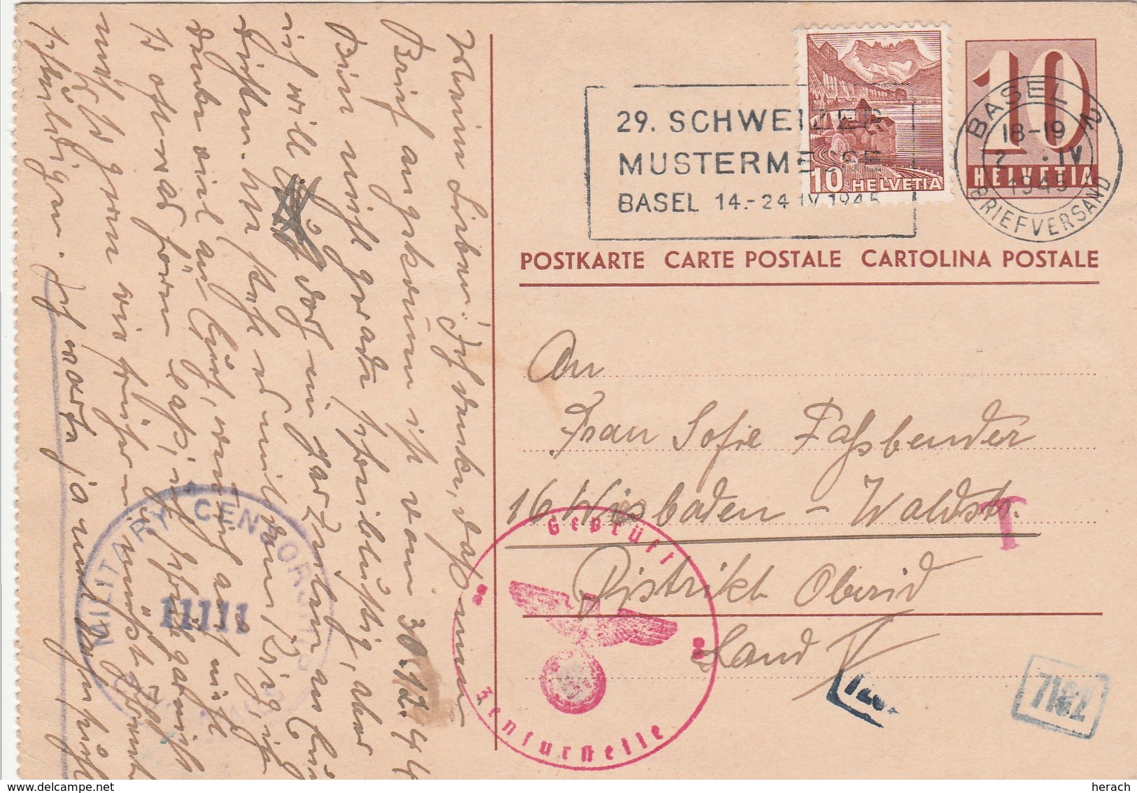 Suisse Entier Postal Censuré Pour L'Allemagne 1945 - Entiers Postaux