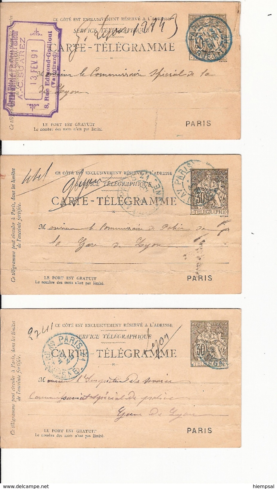 Cinq Carte Télégramme  Paris Cachet Bleu - Autres & Non Classés