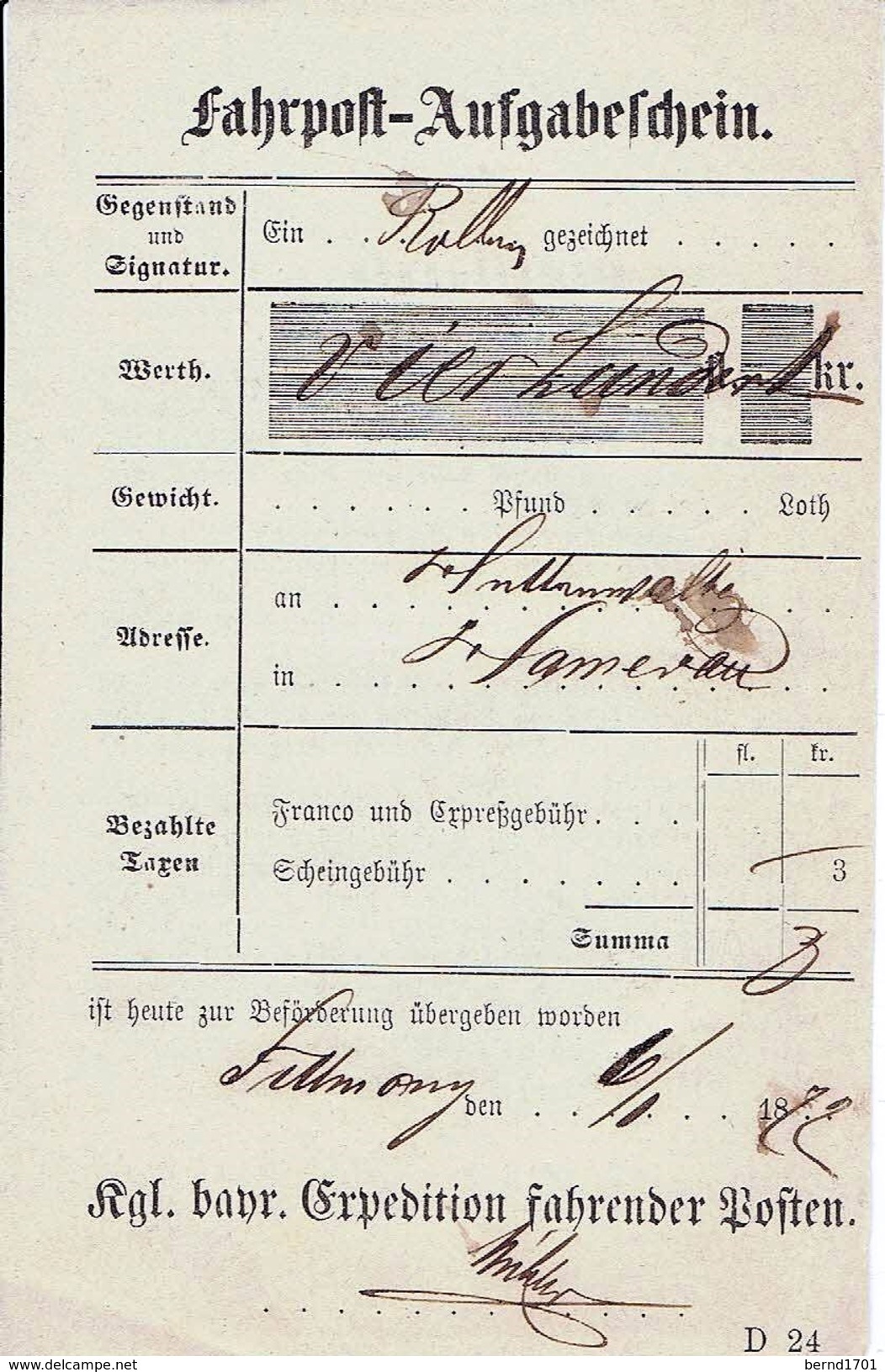 Germany - Postpaketschein / Postal Parcel Ticket (OL843) - Historische Dokumente