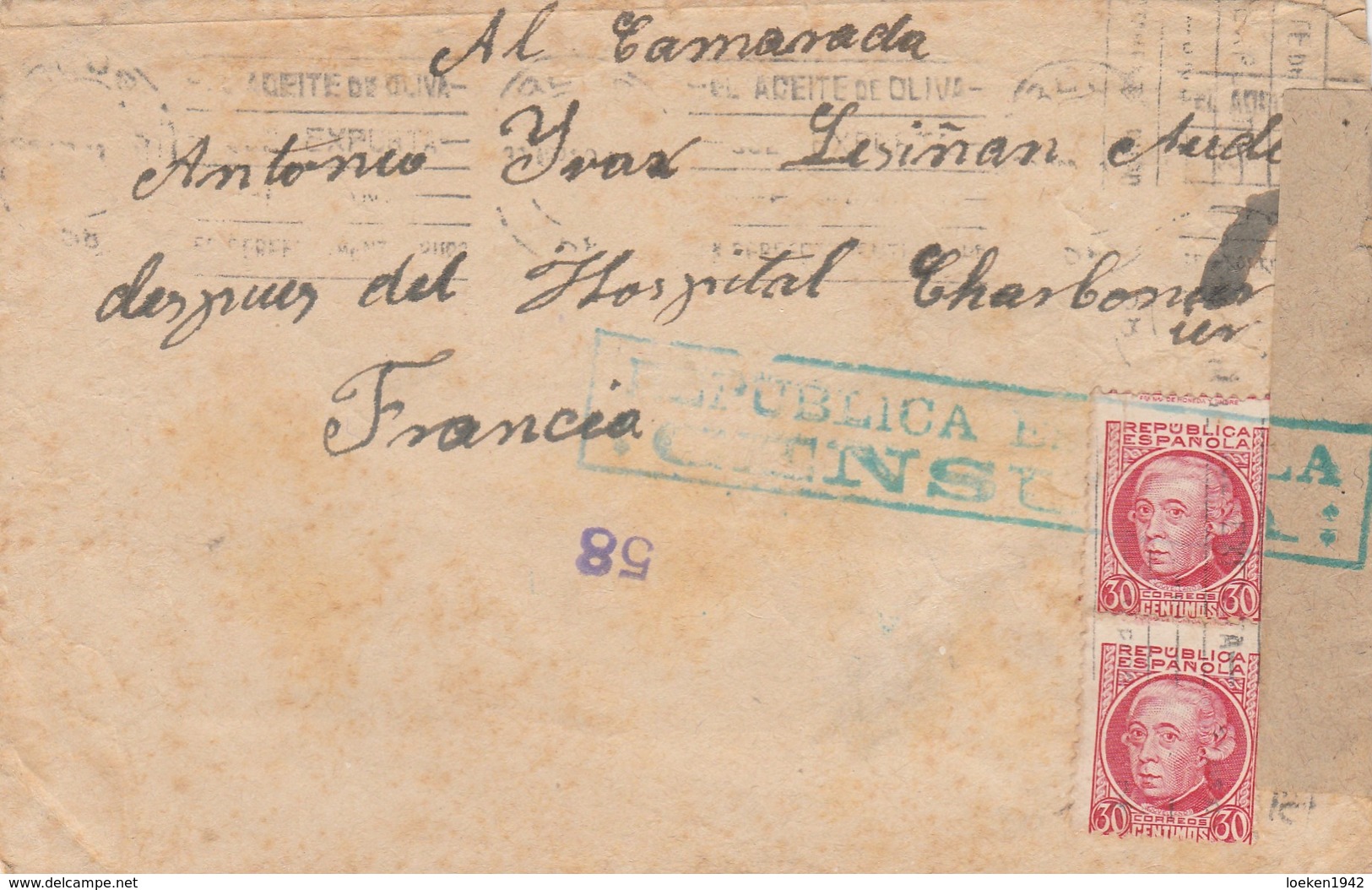 ESPAÑA 1938 Carta   Desde Barcelona   115  Bateria Agrupacion Sur Ebro  D.EC.A Hasta  Francia     EL521 - Covers & Documents