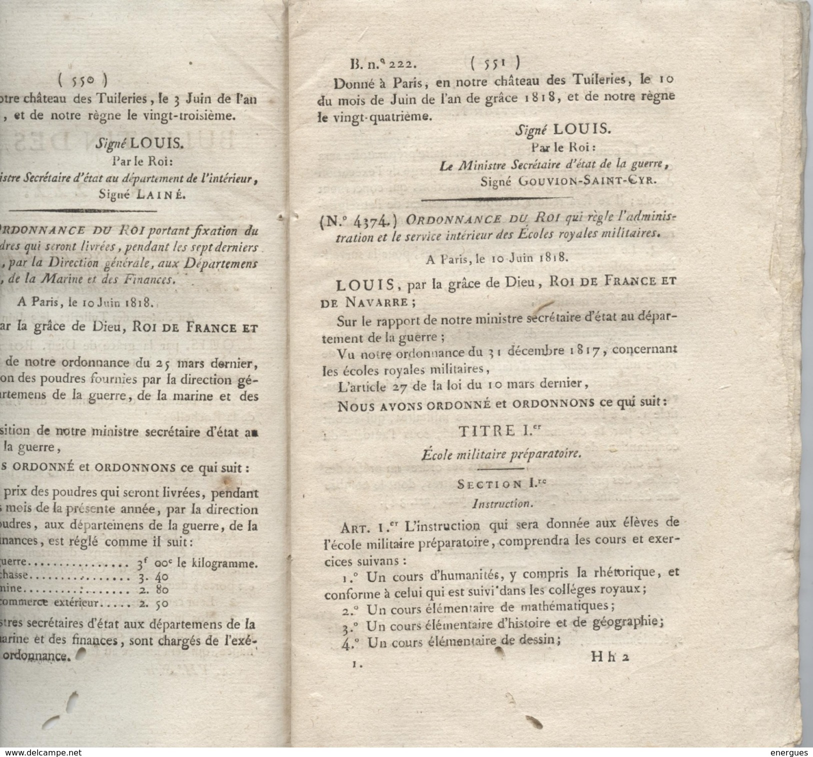 Bulletin Des Lois,1818,Marans, Interprètes,Ecoles Royales Militaires,,Canal St Denis  Et De L'Ourc, Carnoules, Var, - Wetten & Decreten