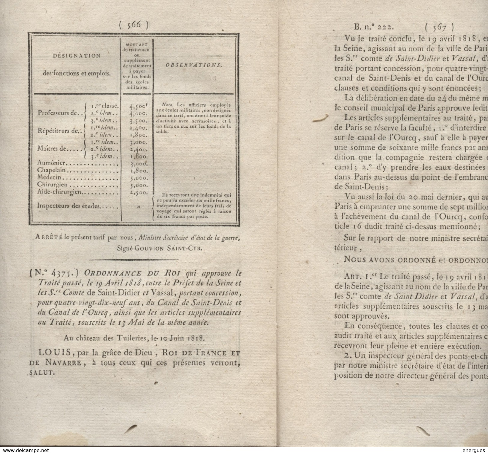 Bulletin Des Lois,1818,Marans, Interprètes,Ecoles Royales Militaires,,Canal St Denis  Et De L'Ourc, Carnoules, Var, - Wetten & Decreten