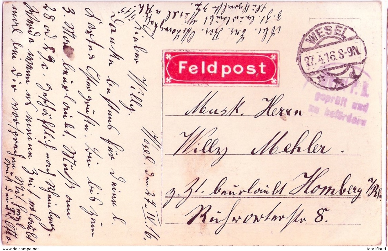 WESEL Stempel TH LANGHOFF Waldhandlung Roter Feldpost Aufkleber Gelaufen 27.4.1916 Original Private Fotokarte - Wesel