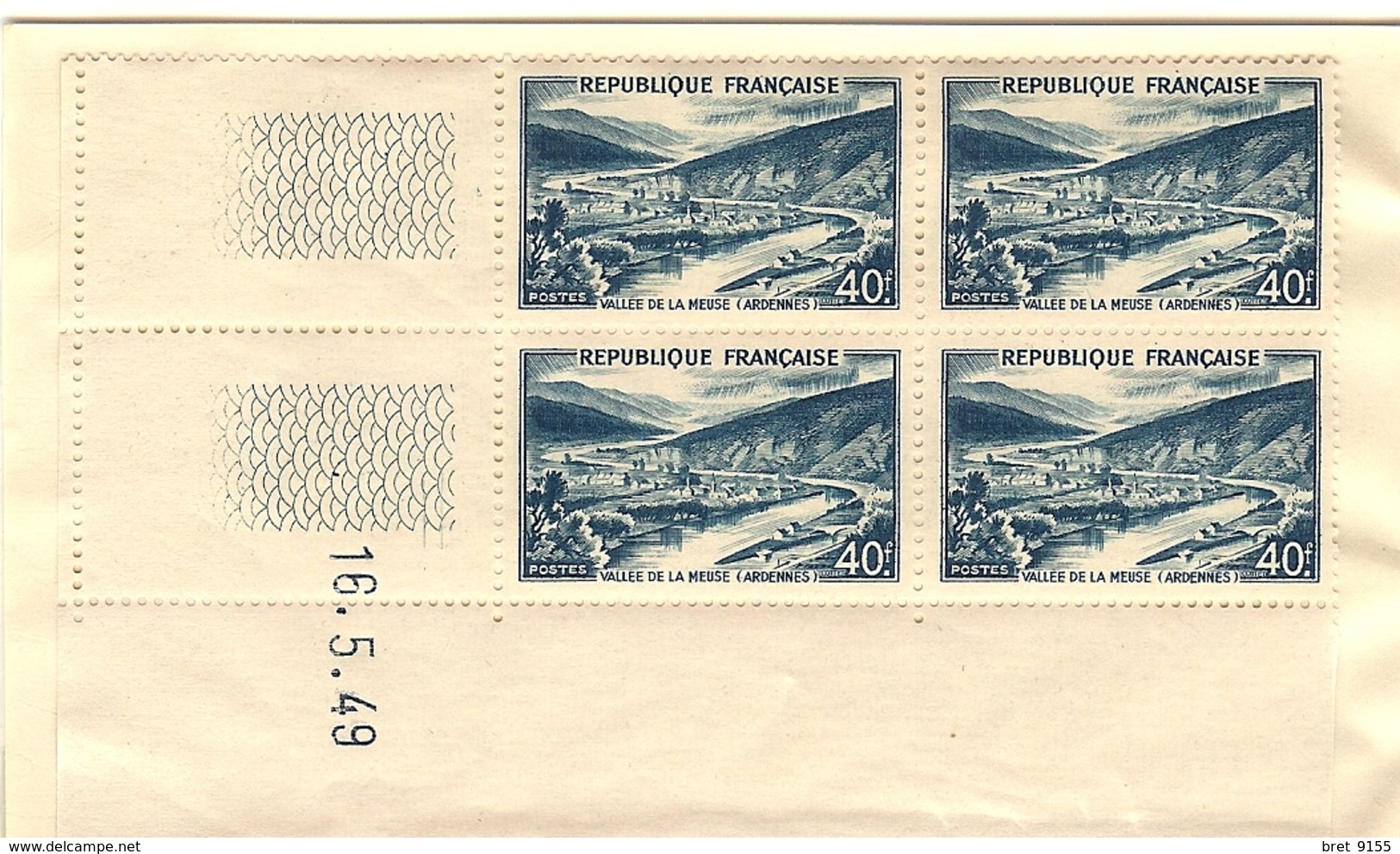 TIMBRES BLOC DE 4 NEUFS VALLEE DE LA MEUSE ARDENNES 40F COIN DATE 16 MAI 1949 - Neufs