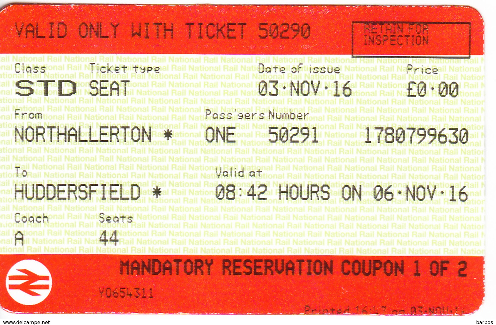 United Kingdom , Northallerton To Huddersfield , Transport. Ticket - Europe