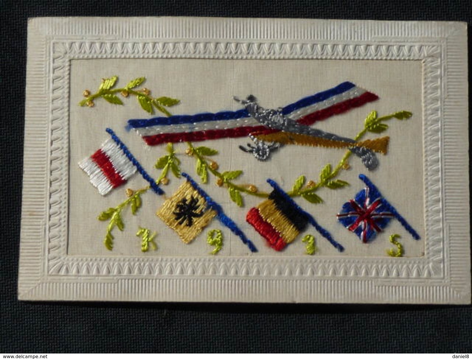 Jolie Carte Brodée   Drapeaux  Avion   1915 - Brodées