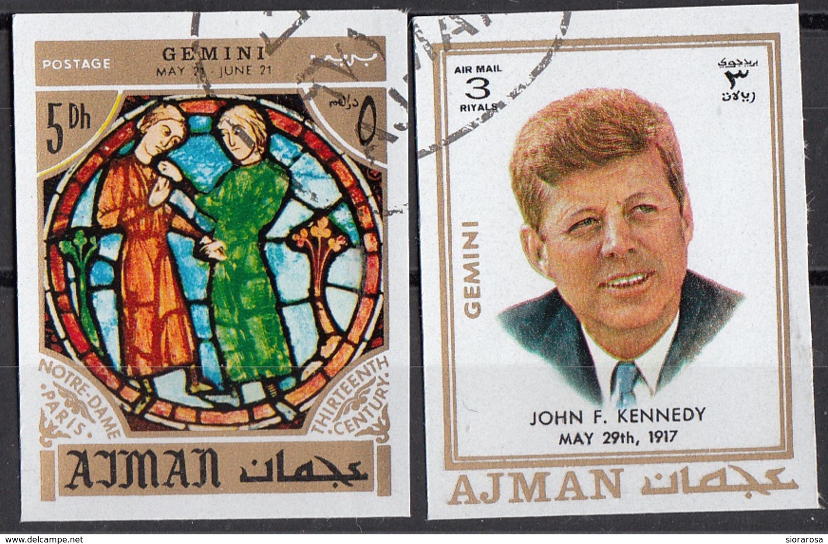 771 Ajman 1971 John F. Kennedy- Zodiaco Gemini Gemelli - Stainled Glass Window Vetrata Notre Dame - Astrologia