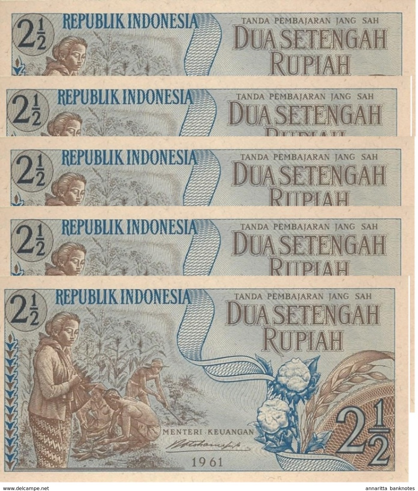 INDONESIA 2 1/2 RUPIAH 1961 P-79a UNC 5 PCS  [ID406b] - Indonesia