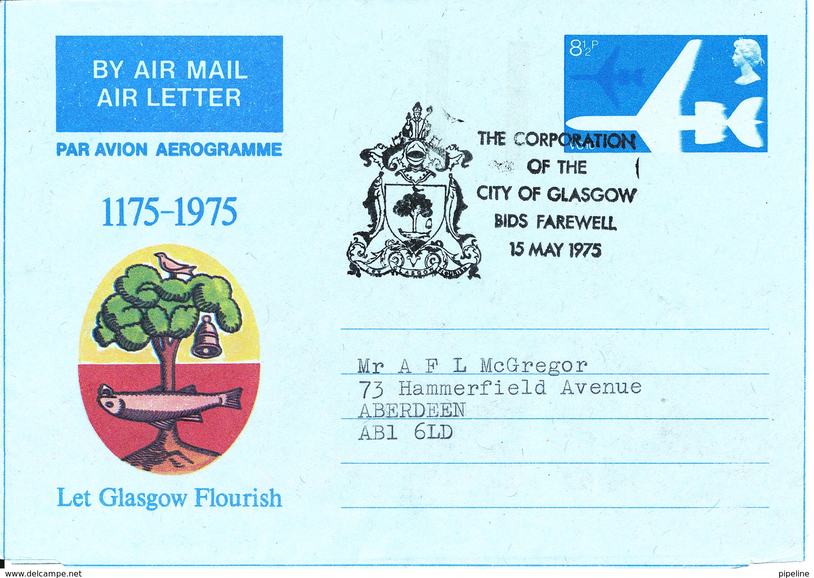 Great Britain AerogrammeThe Corporation Of The City Of Glasgow Bids Farewell 15-5-1975 Sent To Aberdeen - Stamped Stationery, Airletters & Aerogrammes