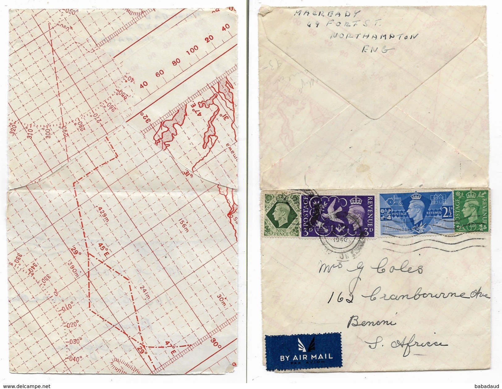 Great Britain, GVIR, 4 Colour  1/3franking,  Airmail NORTHAMPTON 1946 > S.Africa, Envelope Made From Old Map - Covers & Documents